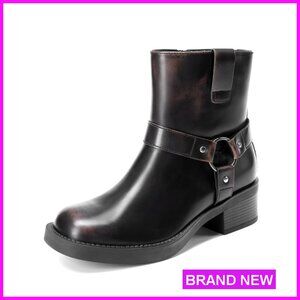 Motorcycle Boots Chunky Heel Square Toe Side Zipper Fashion Buckles Biker Riding